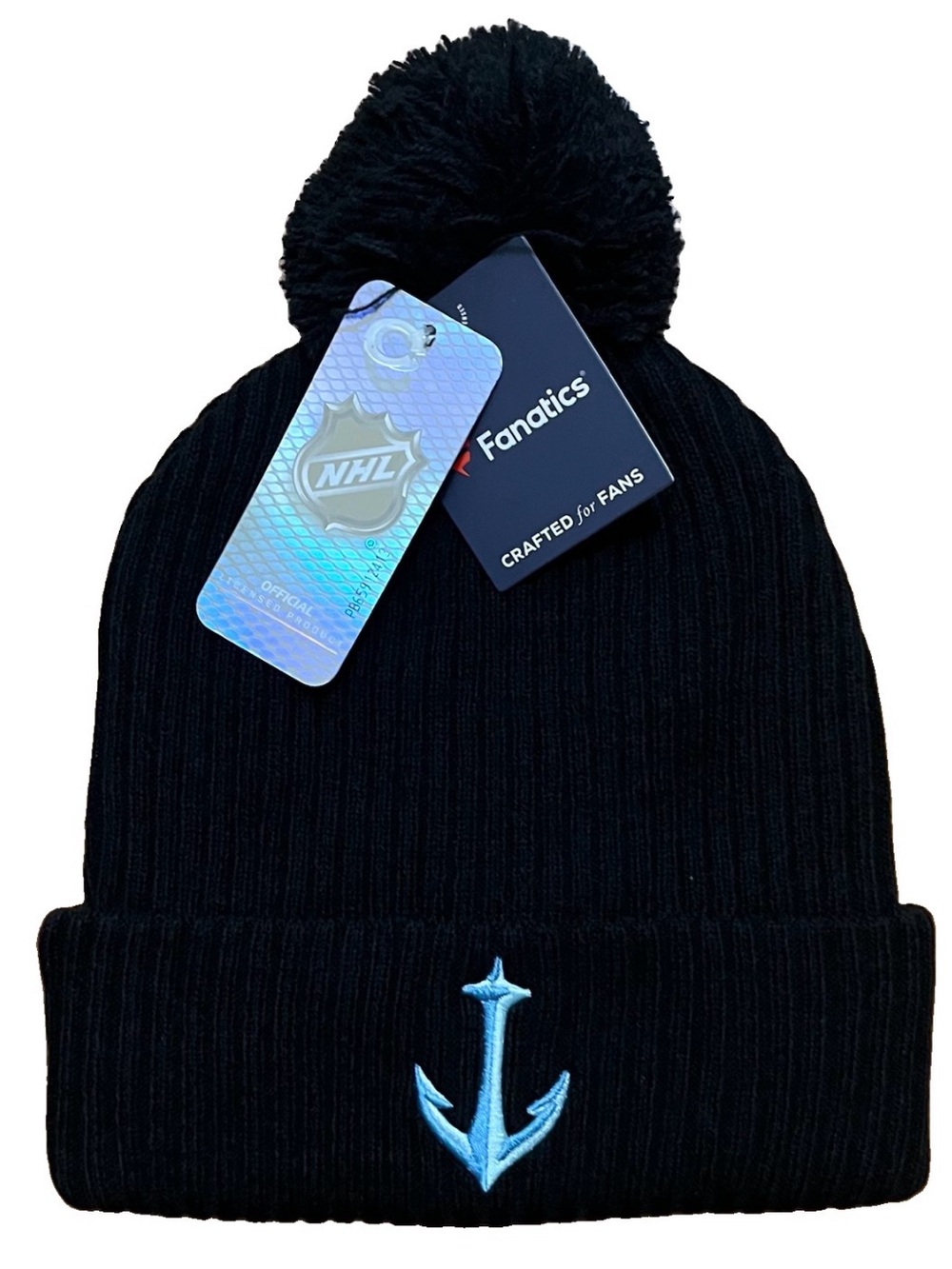 Seattle Kraken Fanatics Black Cuffed Knit Hat Beanie With Pom Unisex Adult NWT